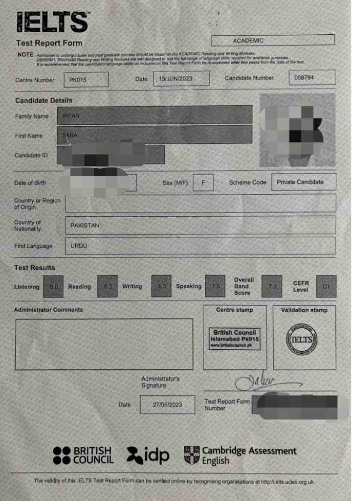 IELTS result — Saba Irfan