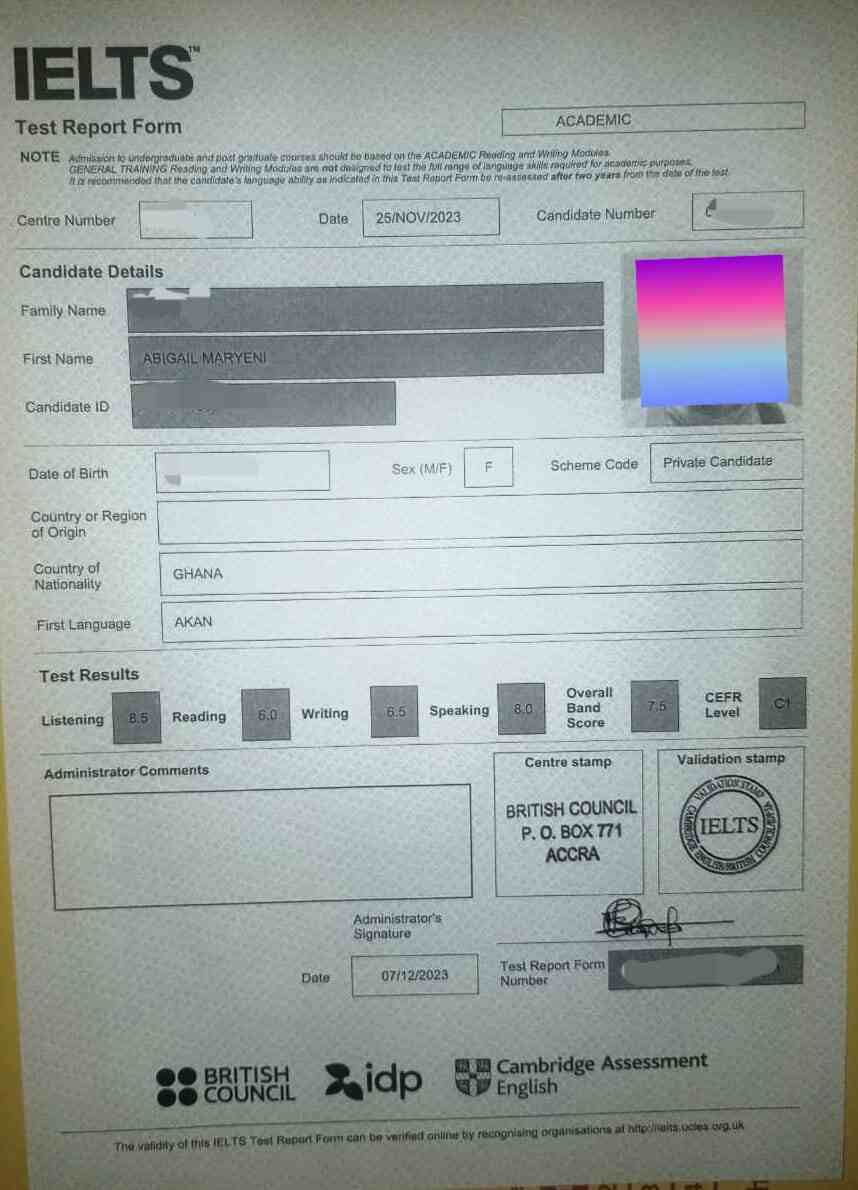 IELTS result — Abigail Maryeni