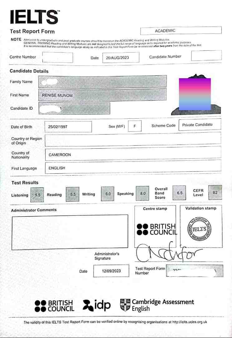 IELTS result — Renise Munom