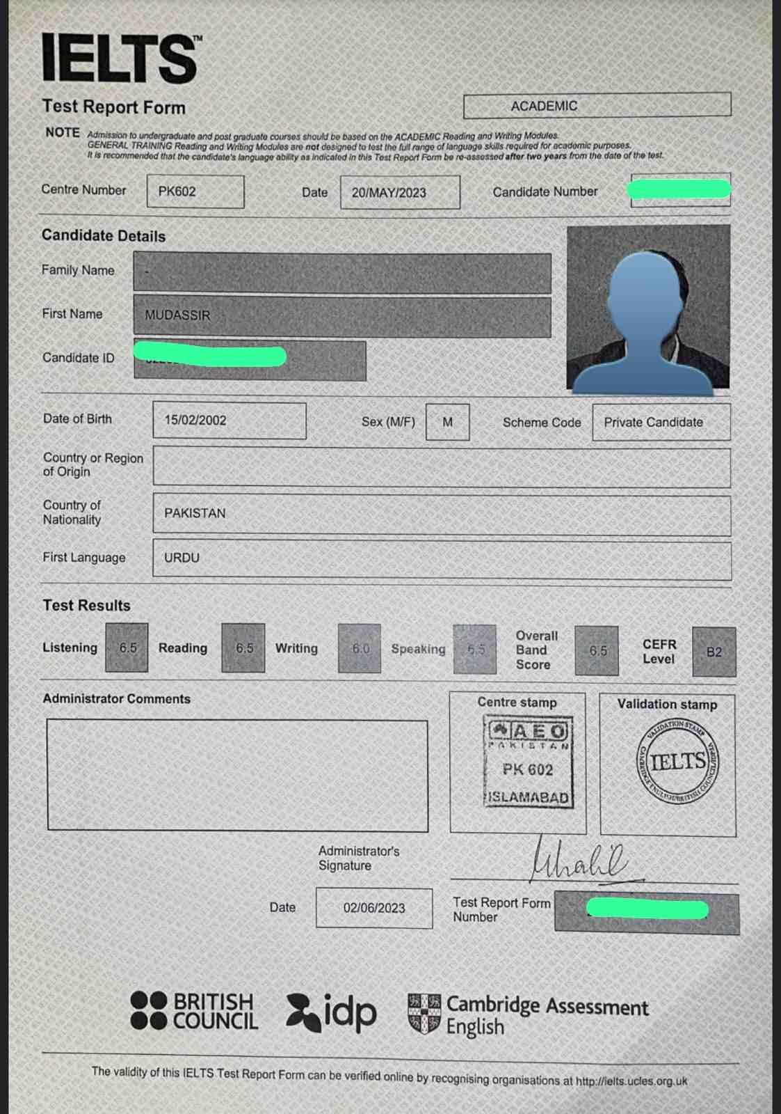 IELTS result — Mudassir