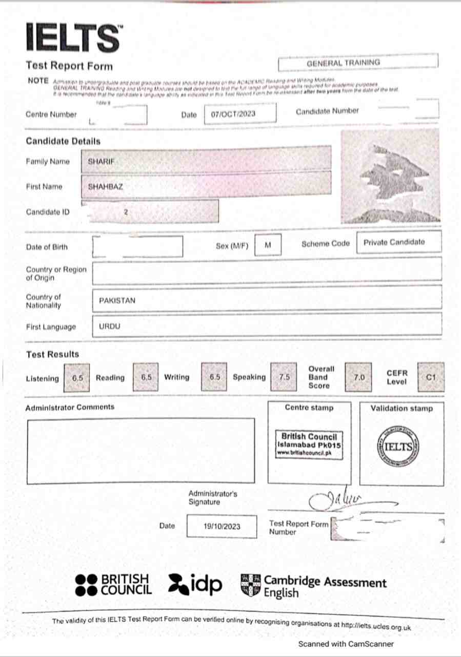 IELTS result — Shahbaz Sharif