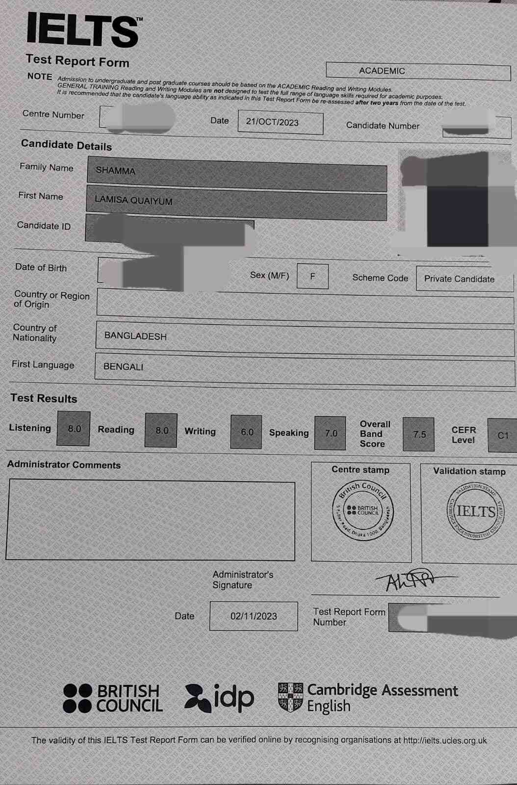 IELTS result — Lamisa Q. Shamma